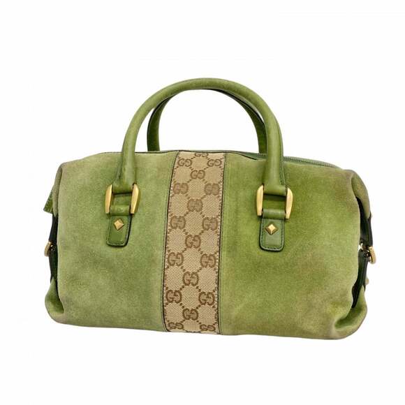 Gucci GG Canvas Handbag 120886 Suede Green Brown Women's